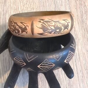 Vintage Wooden Dragon and Geometric Bangle Set